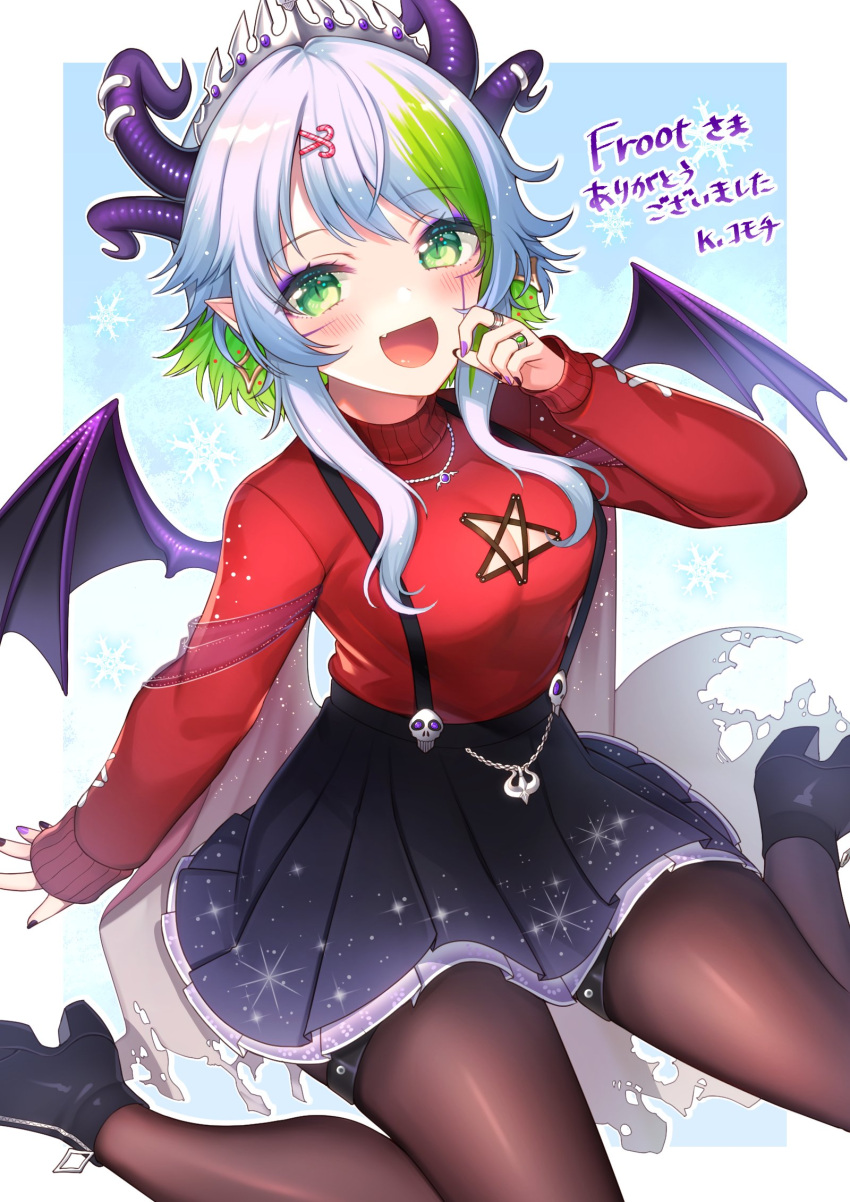 1girl black_footwear black_skirt blue_hair breasts bsapricot_(vtuber) cleavage cleavage_cutout clothing_cutout colored_inner_hair commission demon_wings green_eyes green_hair high_heels highres horns komochi multicolored_hair multiple_horns official_alternate_costume open_mouth red_sweater second-party_source short_hair_with_long_locks skeb_commission skirt smile solo star_cutout streaked_hair suspenders sweater sweater_tucked_in virtual_youtuber vshojo wings