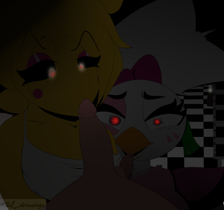animatronic anthro avian ball_lick balls beak big_breasts bird blonde_hair bodily_fluids breast_squish breasts chicken clothed clothing desesperadoleon fellatio female five_nights_at_freddy's five_nights_at_freddy's:_security_breach five_nights_at_freddy's_2 galliform gallus_(genus) genitals glamrock_chica_(fnaf) glowing glowing_eyes group hair hi_res licking lips machine male male/female metal metallic_body multicolored_body oral penile phasianid pink_body robot saliva scottgames sex squish tongue tongue_out toy_chica_(fnaf) trio video_games white_body white_hair yellow_body