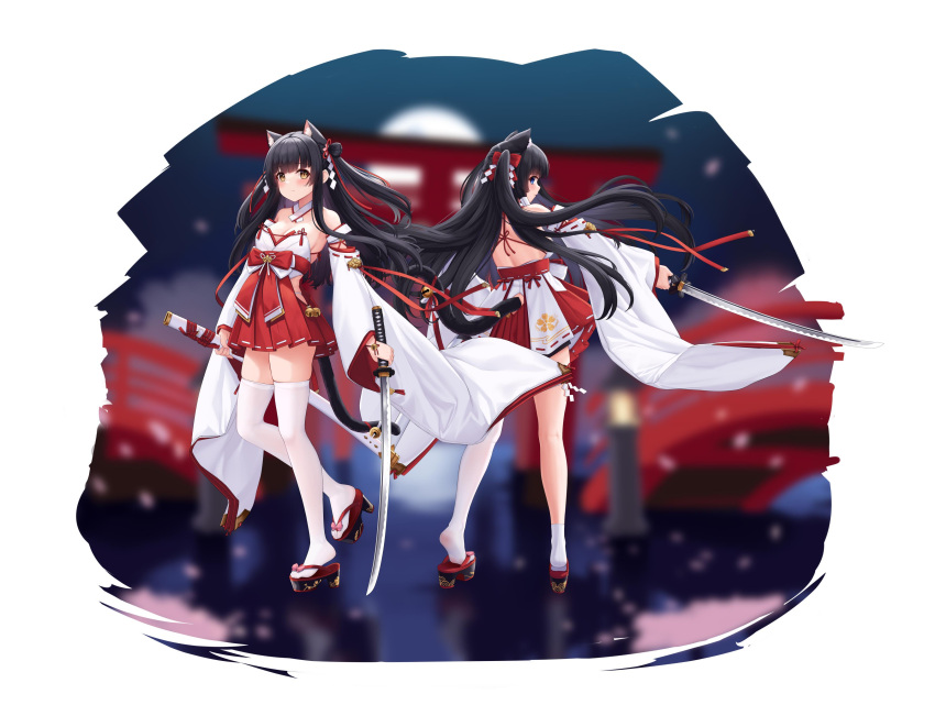 2girls absurdres allenes animal_ear_fluff animal_ears asymmetrical_legwear azur_lane bangs bare_shoulders bell black_hair blue_eyes breasts cat_ears cat_tail commentary_request detached_sleeves double_bun extra_ears eyebrows_visible_through_hair floating_hair full_body hair_ribbon hatsuharu_(azur_lane) highres holding holding_sheath holding_sword holding_weapon japanese_clothes jingle_bell katana long_hair long_sleeves looking_back medium_breasts miko multiple_girls pleated_skirt red_ribbon red_skirt ribbon sandals sheath sideways_glance single_sock single_thighhigh skirt socks standing sword tail tail_bell tail_ornament tail_ribbon thighhighs two_side_up uneven_legwear very_long_hair weapon white_legwear wide_sleeves yellow_eyes yuugure_(azur_lane)