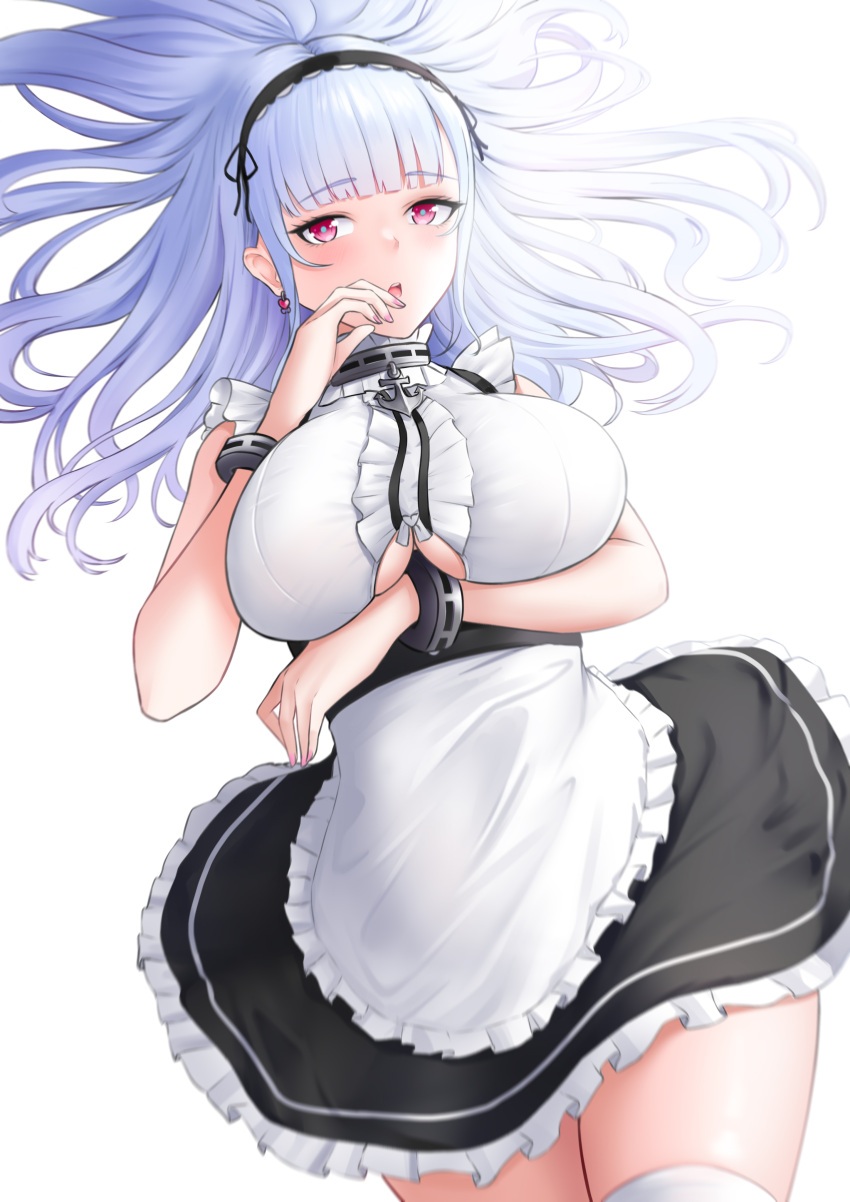 1girl absurdres apron arm_under_breasts azur_lane black_dress breasts center_frills clothing_cutout dido_(azur_lane) dress eyebrows_visible_through_hair frilled_apron frills highres large_breasts long_hair looking_at_viewer maid purple_eyes purple_hair shiromashiro97 shirt simple_background sleeveless sleeveless_shirt solo thighhighs underboob underboob_cutout waist_apron white_apron white_background white_legwear white_shirt zettai_ryouiki