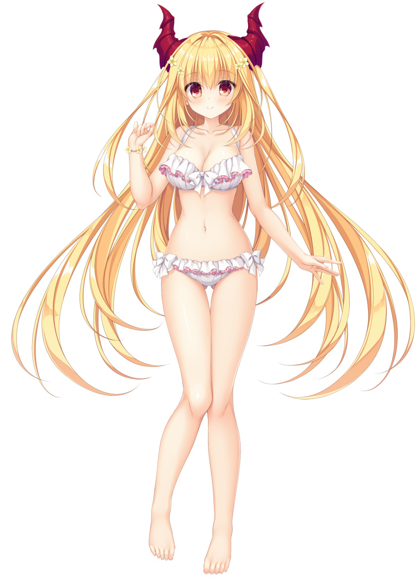 1girl absurdres ass_visible_through_thighs bangs barefoot bikini blonde_hair blush bow bracelet breasts cleavage closed_mouth collarbone dragon_horns drapri_guu-ta-life_2 eyebrows_visible_through_hair floating_hair flower frilled_bikini frills full_body game_cg hair_between_eyes hair_flower hair_ornament haru_(drapri_guu-ta-life) highres horns jewelry large_breasts long_hair looking_at_viewer navel red_eyes red_horns shiny shiny_hair smile solo standing swimsuit tachi-e takano_yuki_(allegro_mistic) thigh_gap transparent_background very_long_hair white_bikini white_bow yellow_flower