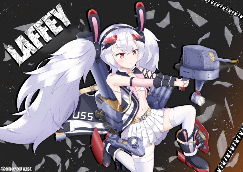 1girl absurdres animal_ears artist_name azur_lane black_footwear boots character_name eyebrows_visible_through_hair fake_animal_ears full_body highres laffey_(azur_lane) long_hair miniskirt oboroillust pleated_skirt purple_eyes rabbit_ears red_eyes retrofit_(azur_lane) rigging rudder_footwear skirt solo thighhighs torpedo_launcher twintails very_long_hair white_legwear white_skirt zettai_ryouiki