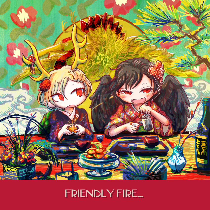 2girls alcohol alternate_costume antlers bird black_hair black_wings blonde_hair bowl choko_(cup) cloud crane_(animal) cup dragon_girl dragon_horns dragon_tail feathered_wings floral_print flower food fruit hair_flower hair_ornament highres horns japanese_clothes jizeru_(giselebon) kicchou_yachie kimono kurokoma_saki mandarin_orange multiple_girls no_hat no_headwear pegasus_wings red_eyes sake short_hair tail tokkuri touhou tree turtle_shell vase wings