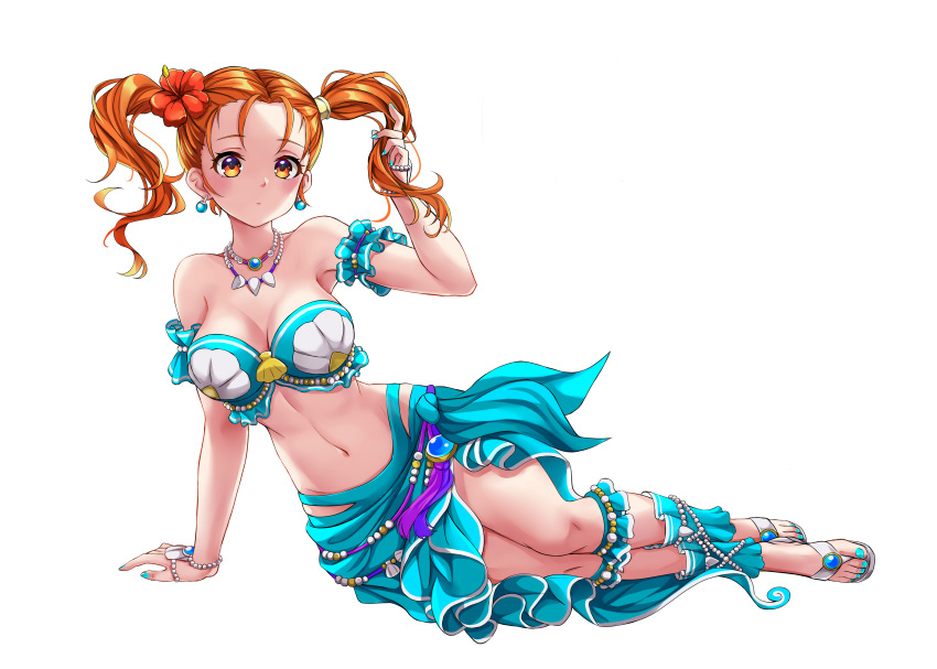 1girl absurdres breasts cleavage commission dragon_quest dragon_quest_viii flower ginkitsune hair_flower hair_ornament highres jessica_albert looking_at_viewer nail_polish solo swimsuit toes twintails