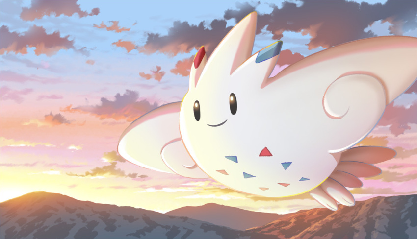 black_eyes closed_mouth cloud commentary_request flying illustration_room_nagi mountainous_horizon no_humans outdoors pokemon pokemon_(creature) sky smile solo sunset togekiss twilight