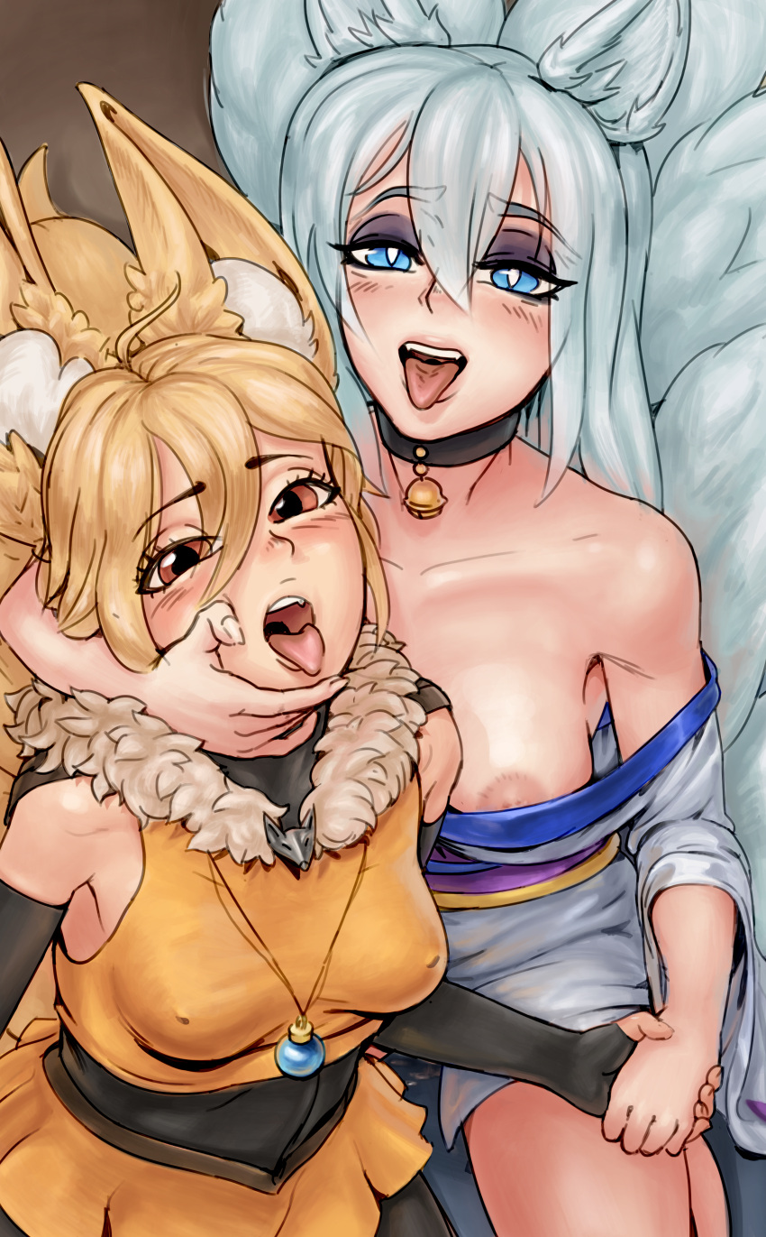 2girls absurdres ahoge animal_ear_fluff animal_ears anonarts areolae bell black_choker blonde_hair blue_eyes blush breasts bright_pupils choker corruption_of_champions_2 fingernails fox_ears fox_tail hair_between_eyes highres holding_hands kinu_(coc2) kneeling kohaku_(coc2) looking_at_viewer medium_breasts multiple_girls multiple_tails navel neck_bell nipple_slip nipples open_mouth orange_eyes sexual_coaching skirt tail take_your_pick tongue tongue_out white_pupils white_skirt