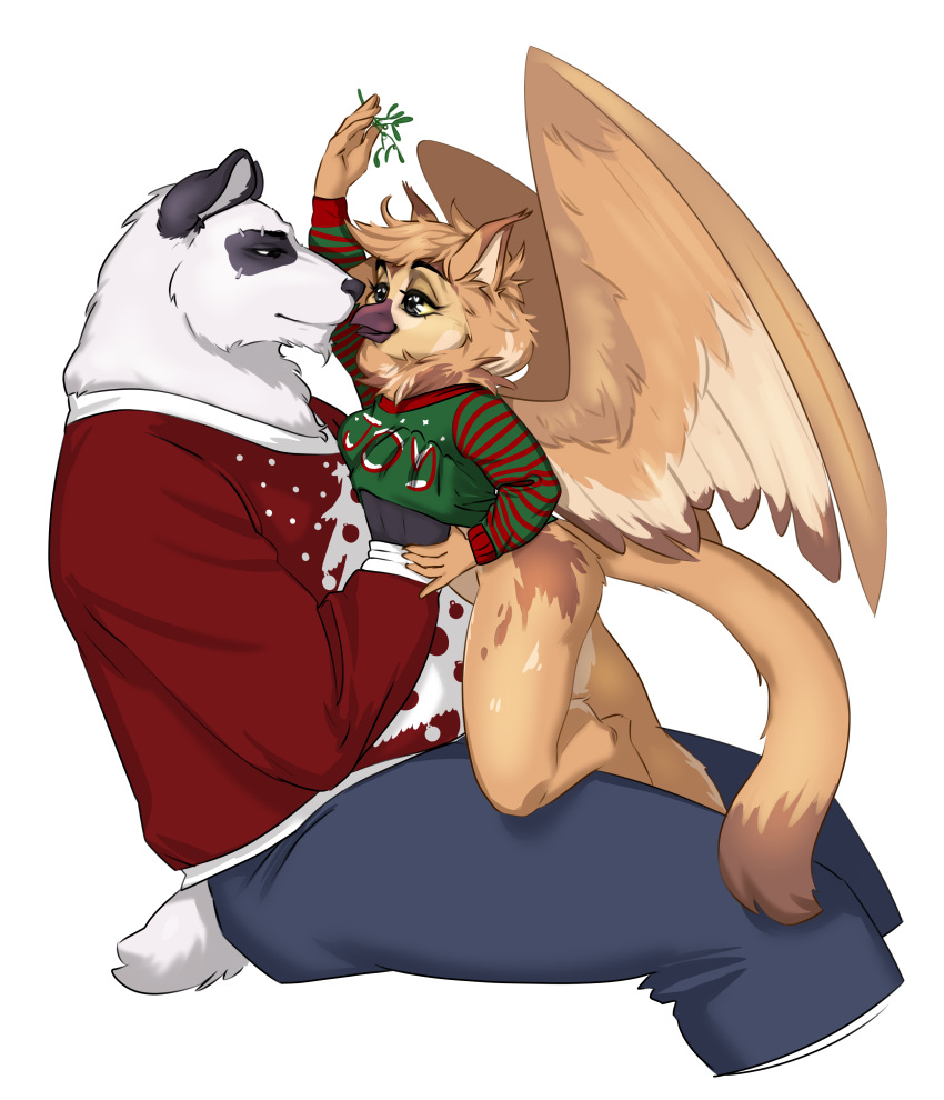 &lt;3 &lt;3_eyes absurd_res avian bird bottomless christmas christmas_clothing christmas_sweater christmas_topwear clothed clothing duo feathered_wings feathers felid feline female feral giant_panda gryphon guided_breast_grab hand_under_shirt hi_res holidays hybrid larger_male male male/female mammal mistletoe mythological_avian mythology owl pallas's_cat plant polar_bear sad_panda_in_snow size_difference smaller_female smile sona_(noxiis) sweater sweater_lift topwear treventant ursid ursine wings