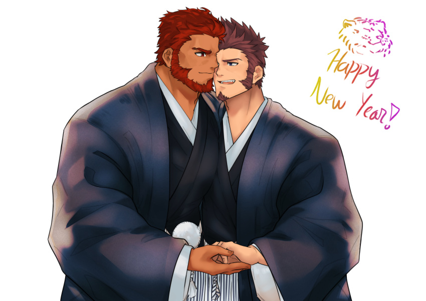 2boys absurdres alternate_costume bara beard black_kimono blue_eyes brown_hair chinese_zodiac couple dark-skinned_male dark_skin facial_hair fate/grand_order fate_(series) goatee haori happy_new_year heads_together highres holding_hands interracial iskandar_(fate) japanese_clothes kimono loboke long_sideburns male_focus mature_male multiple_boys muscular muscular_male napoleon_bonaparte_(fate) new_year pectoral_press red_eyes red_hair short_hair sideburns smile upper_body white_background yaoi year_of_the_tiger