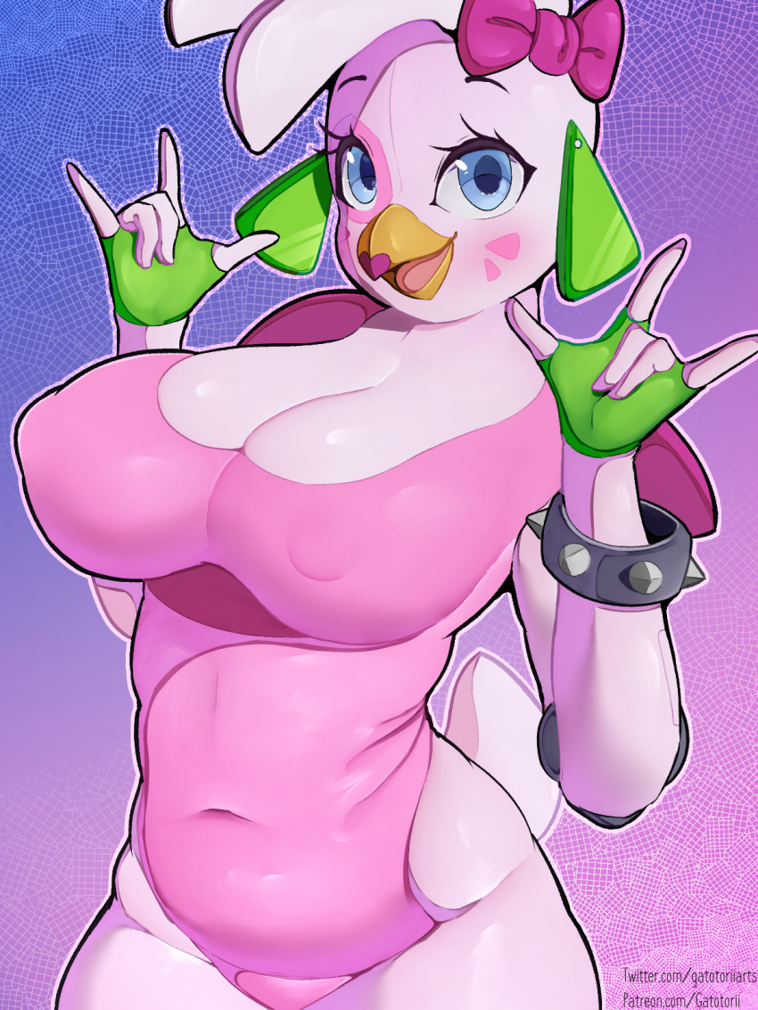 2022 5_fingers accessory animatronic anthro avian beak big_breasts bird blue_eyes blush bracelet breasts chicken cleavage clothed clothing eyelashes female fingerless_gloves fingers five_nights_at_freddy's five_nights_at_freddy's:_security_breach galliform gallus_(genus) gatotorii glamrock_chica_(fnaf) gloves green_clothing green_fingerless_gloves green_gloves green_handwear hair_accessory hair_ribbon handwear hi_res huge_breasts jewelry leotard lipstick looking_at_viewer machine makeup navel nipple_outline open_beak open_mouth open_smile phasianid pink_clothing pink_leotard ribbons robot scottgames smile solo spiked_bracelet spikes standing text tongue url video_games white_body