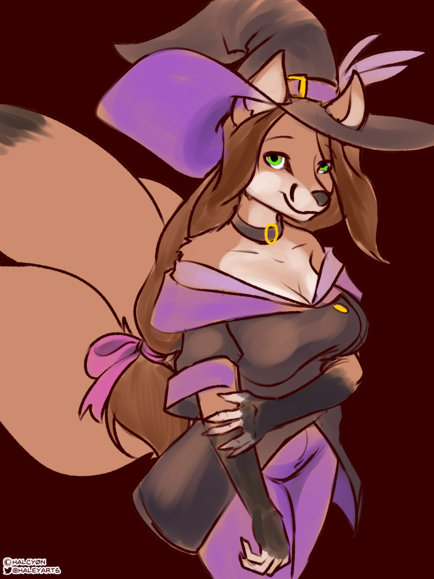 2021 3_tails anthro breasts brown_body brown_fur canid canine choker clothing female fox fur green_eyes halcy0n hat headgear headwear hi_res jewelry looking_at_viewer magic_user mammal multi_tail necklace simple_background smile solo witch witch_hat