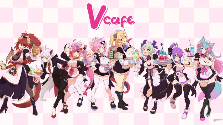 6+girls :3 animal_ears apron black_footwear black_jacket black_legwear blue_hair boots breasts bsapricot_(vtuber) cleavage_cutout clothing_cutout colored_inner_hair dragon_girl dragon_horns dragon_tail english_commentary epebe everyone eyebrows_visible_through_hair fang flat_chest fur_trim green_eyes green_hair high_heel_boots high_heels highres hime_hajime horns ironmouse jacket large_breasts latte_art leaning_forward long_hair looking_at_viewer maid maid_apron maid_headdress medium_breasts melody_(projektmelody) multicolored_hair multiple_girls nyatasha_nyanners open_mouth purple_hair red_hair short_sidetail silvervale skin_fang smile streaked_hair tail thighhighs tongue tongue_out vei_(vtuber) very_long_hair virtual_youtuber vshojo white_legwear wolf_ears wolf_girl wolf_tail zentreya_(vtuber)