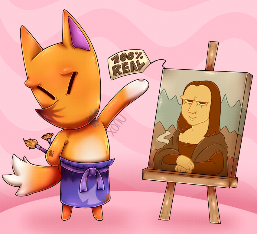 2020 abstract_background animal_crossing anthro apron apron_only barefoot black_eyes breasts brown_hair brown_nose brush canid canine clothed clothing crazy_redd english_text eyelashes eyes_closed feet female fox fur hair half-closed_eyes hi_res holding_brush holding_object holding_paintbrush human long_hair looking_at_viewer male mammal mona_lisa mostly_nude multicolored_body multicolored_ears multicolored_fur multicolored_tail narrowed_eyes nintendo orange_body orange_ears orange_fur orange_tail paint paint_on_self paintbrush painting pink_background pink_ears portrait shirt simple_background smile solo standing tan_body tan_nose tan_skin text topless topless_anthro topless_male topwear video_games white_body white_fur white_tail xonuq