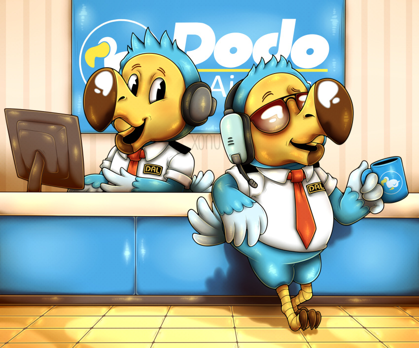 2020 airport animal_crossing anthro avian beak bird blue_hair blue_tail blush brown_beak chubby_male claws clothed clothing columbid computer container cup dodo duo english_text eyewear feathers featureless_crotch hair happy headgear headphones hi_res holding_cup holding_object inside logo looking_aside looking_away male mug multicolored_body multicolored_feathers necktie nintendo open_mouth orville_(animal_crossing) pose sharp_claws shirt short_hair sitting slightly_chubby smile standing sunglasses tail_feathers text topwear two_tone_body two_tone_feathers two_tone_tail uniform video_games wilbur_(animal_crossing) xonuq yellow_beak yellow_body