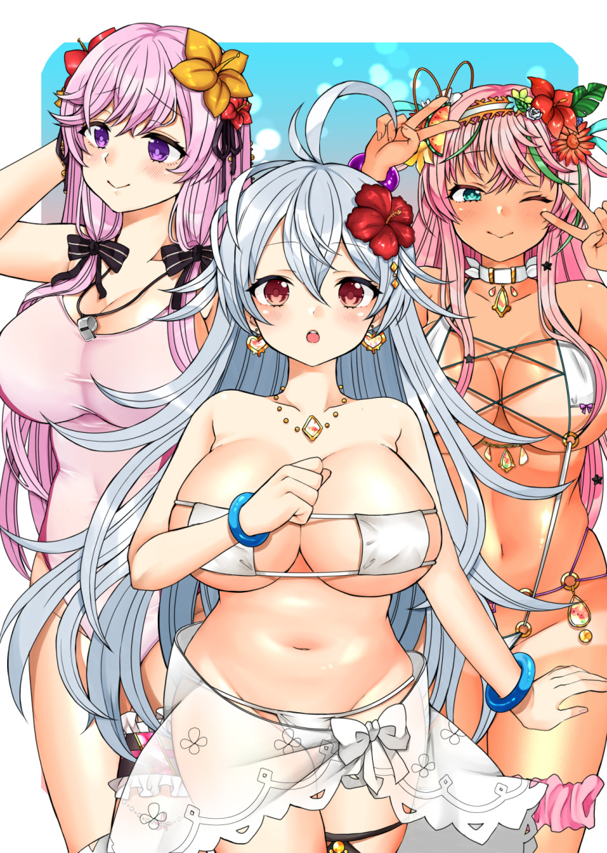 3girls :&gt; ;&gt; ahoge bikini black_bow bow bracelet breasts character_request choker cleavage closed_mouth collarbone cowboy_shot double_v earrings eyepatch_bikini flower frills ghost_crystal_(houseki_hime) green_eyes hair_bow hair_flower hair_ornament hairband heart heart_earrings hibiscus highres houseki_hime jewelry large_breasts long_hair looking_at_viewer looking_away multiple_girls navel necklace one_eye_closed pink_hair pink_scrunchie pink_swimsuit purple_eyes purple_hair red_eyes sarong scrunchie see-through silver_hair slingshot_swimsuit smile standing swimsuit takamatsu_tsukasa tan tanlines thigh_scrunchie thighlet v white_bikini white_choker