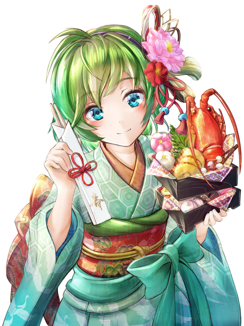 1girl alternate_costume bento blue_eyes bow clear_glass_(mildmild1311) fire_emblem fire_emblem:_the_blazing_blade fish_(food) furisode green_hair green_kimono hairband highres japanese_clothes kimono long_sleeves looking_at_viewer nino_(fire_emblem) obi purple_hairband sash seafood short_hair smile solo upper_body wide_sleeves