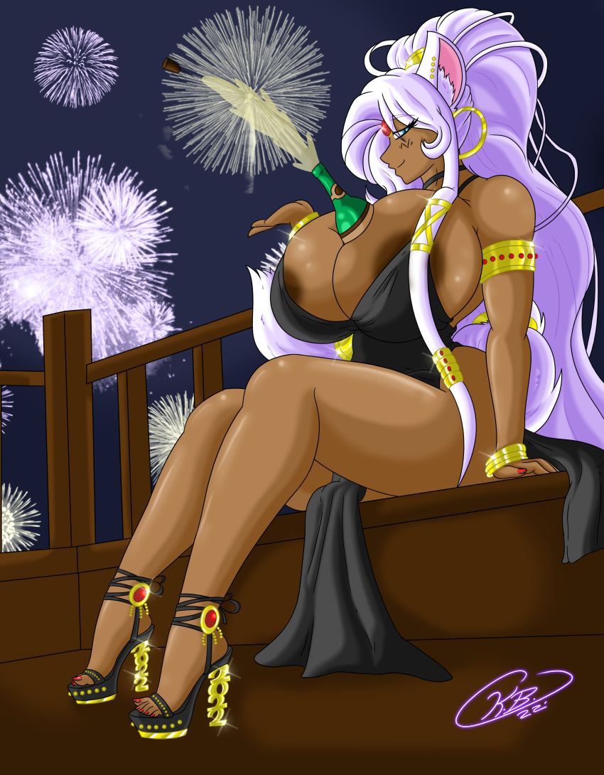 2022 absurd_res alcohol anthro beverage big_breasts big_butt breasts butt clothed clothing digital_media_(artwork) domestic_cat dress eirene_(krocialblack) felid feline felis female fireworks footwear hi_res high_heels holidays huge_breasts humanoid krocialblack looking_at_viewer mammal new_year new_year_2022 new_years_eve not_furry piercing shoes smile solo