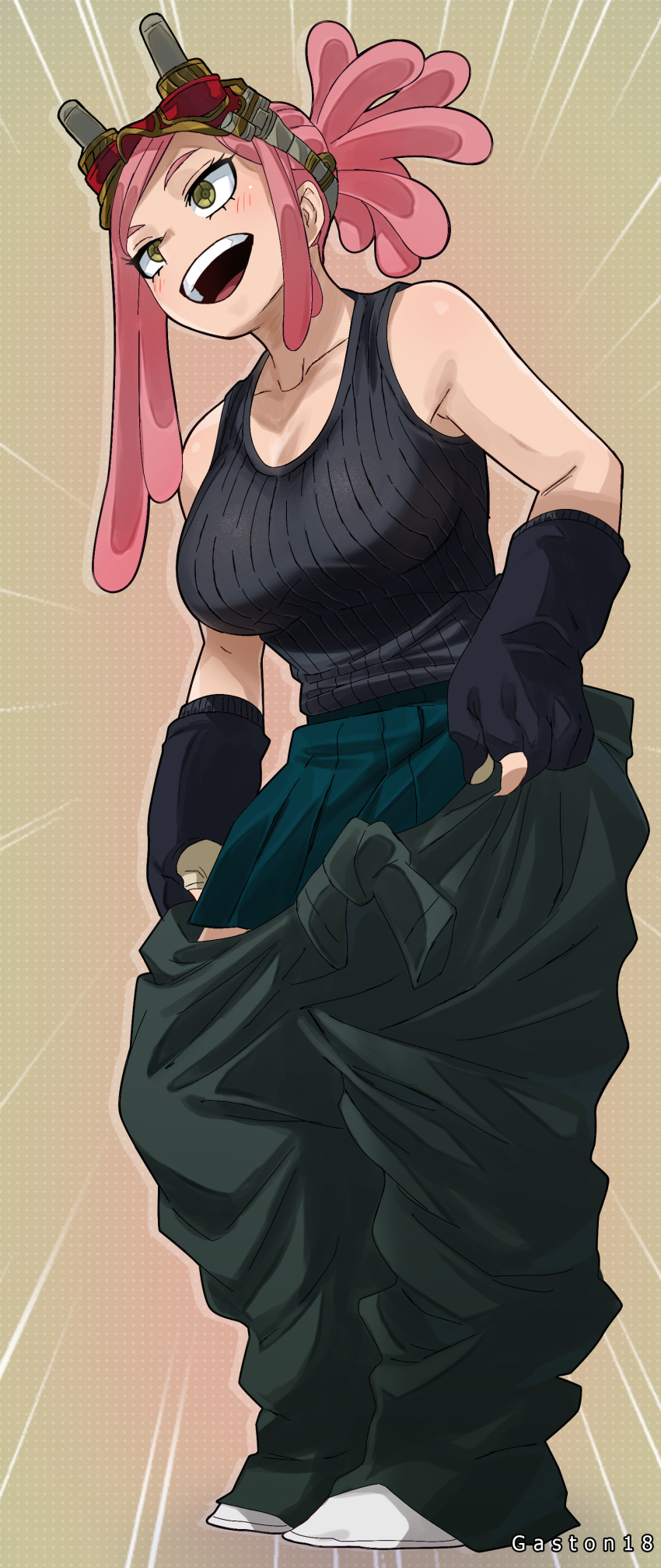 +_+ 1girl :d absurdres black_shirt boku_no_hero_academia breasts crosshair dressing gaston18 gloves goggles goggles_on_head gradient gradient_background green_skirt hatsume_mei highres large_breasts medium_hair open_mouth overalls partially_fingerless_gloves pink_hair pleated_skirt ponytail shirt skirt smile solo standing symbol-shaped_pupils tank_top teeth upper_teeth yellow_background yellow_eyes