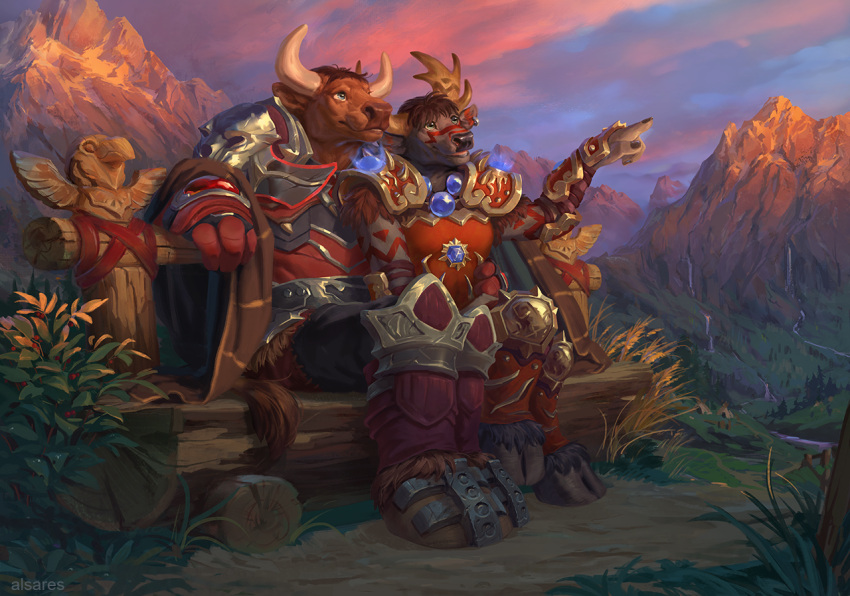 2021 3_fingers alsares anthro blizzard_entertainment bovid bovine breasts brown_hair clothed clothing day detailed_background digital_media_(artwork) duo female fingers hair highmountain_tauren hooves horn male mammal outside sky smile tauren video_games warcraft