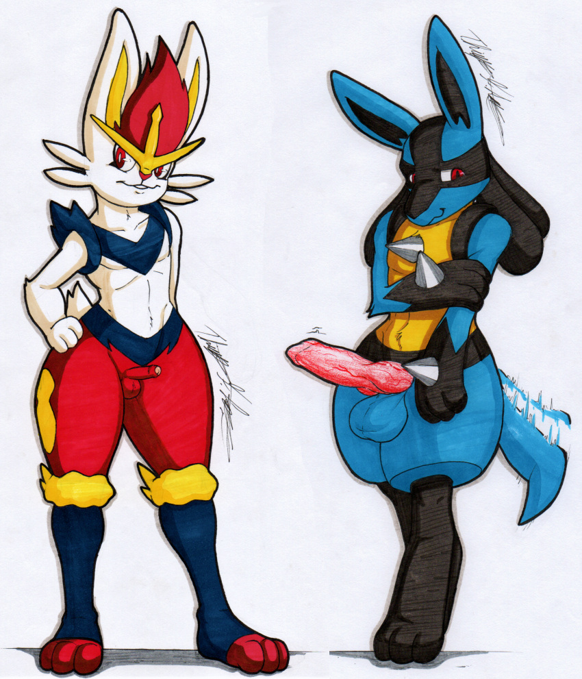 absurd_res animal_genitalia animal_penis anthro big_penis canine_penis cinderace duo genitals hi_res lucario male male/male nintendo penis pok&eacute;mon pok&eacute;mon_(species) rotten_owl shy simple_background small_penis tail_motion tailwag traditional_media_(artwork) video_games white_background