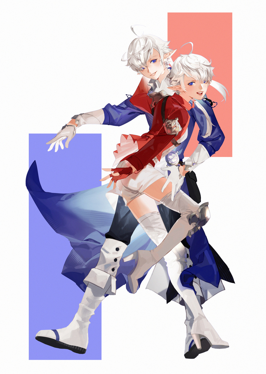 1boy 1girl abstract_background ahoge alisaie_leveilleur alphinaud_leveilleur black_pants blue_background blue_coat blue_eyes boots brother_and_sister chinese_commentary coat commentary_request elezen elf final_fantasy final_fantasy_xiv fingerless_gloves full_body gloves high_heels highres hutaway jacket knee_boots long_hair long_sleeves looking_at_viewer pants pants_tucked_in parted_lips pointy_ears red_background red_gloves red_jacket shorts siblings thigh_boots thighhighs white_background white_footwear white_gloves white_hair white_legwear white_shorts