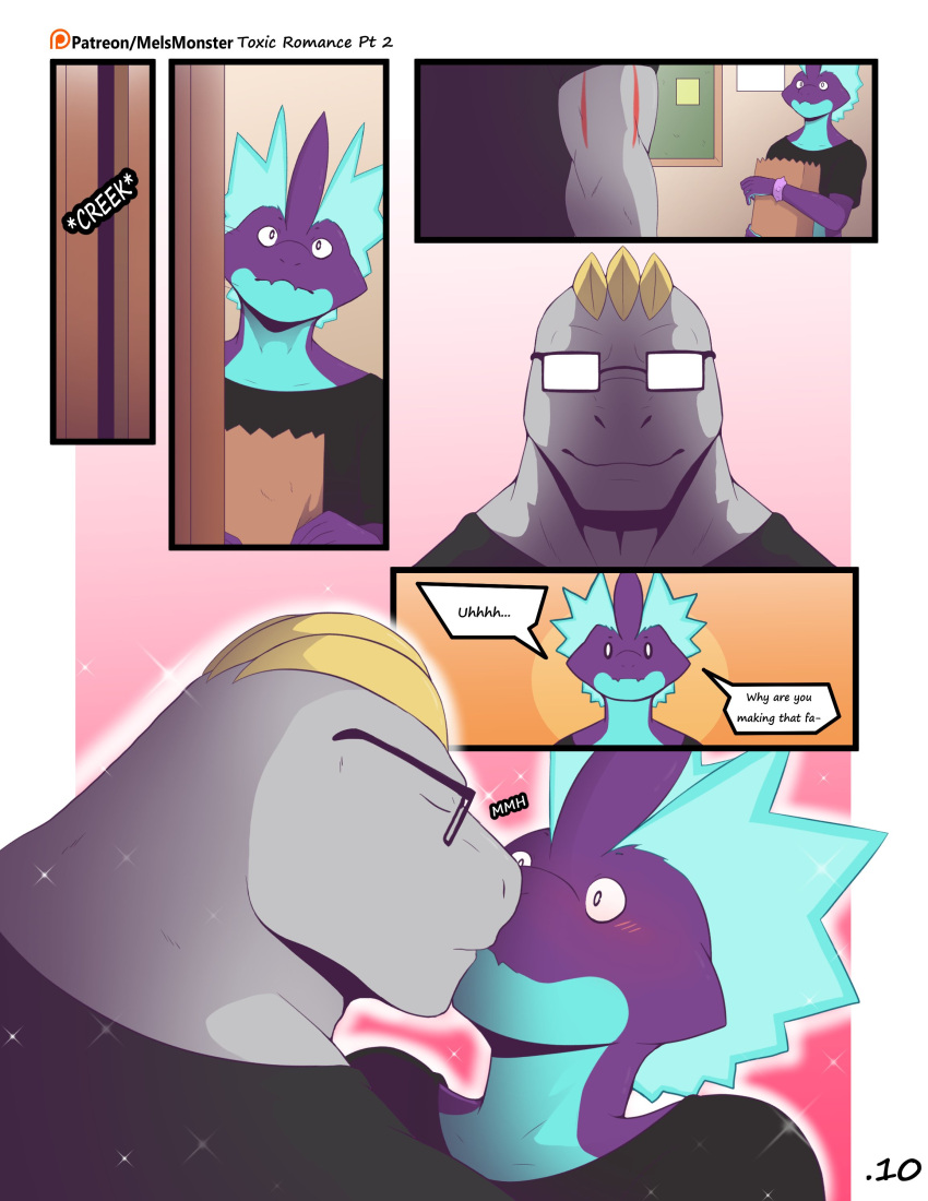 absurd_res anthro blush clothed clothing comic crop_top dialogue duo english_text eyewear glasses hi_res holding_bag jax_(mels_monster) kissing low_key_toxtricity machoke male male/male mels_monster_(artist) nintendo opaque_glasses owen_(mels_monster) pok&eacute;mon pok&eacute;mon_(species) shirt sparkles surprised_expression text topwear toxtricity video_games