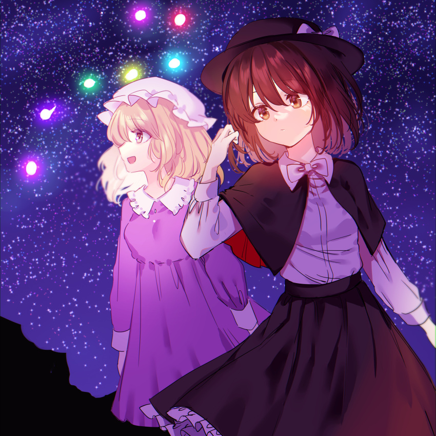 2girls black_capelet black_headwear black_skirt blonde_hair bow bowtie breasts brown_eyes brown_hair capelet collared_dress collared_shirt commentary_request constellation dress eyebrows_visible_through_hair frilled_skirt frills hat hat_bow highres kanta_(pixiv9296614) long_sleeves maribel_hearn medium_hair mob_cap multiple_girls night night_sky open_mouth outdoors purple_dress rainbow-colored_septentrion shirt skirt sky small_breasts standing star_(sky) starry_sky touhou usami_renko white_bow white_bowtie white_headwear white_shirt yellow_eyes