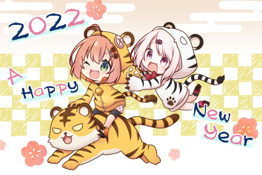 2022 2girls ;d ahoge animal animal_ears animal_hood animal_print bangs bike_shorts black_legwear black_shorts blush boots button_eyes checkered_background chibi chinese_zodiac commentary_request egasumi eyebrows_visible_through_hair eyes_visible_through_hair fake_animal_ears fake_tail flower green_eyes hair_between_eyes hair_flower hair_ornament hairclip happy_new_year honma_himawari hood hood_up hooded_jacket jacket kadose_ara multiple_girls new_year nijisanji one_eye_closed orange_footwear pink_hair print_jacket purple_eyes red_footwear shiina_yuika shorts smile socks sunflower_hair_ornament sweat tail tiger tiger_ears tiger_hood tiger_print tiger_tail virtual_youtuber wavy_mouth year_of_the_tiger yellow_flower