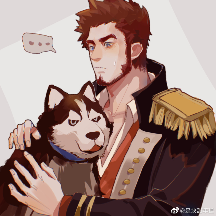 1boy amaimochi bara blank_speech_bubble blue_eyes blush brown_hair dog epaulettes facial_hair fate/grand_order fate_(series) goatee husky long_sideburns long_sleeves male_focus military military_uniform muscular muscular_male napoleon_bonaparte_(fate) open_clothes pectorals short_hair sideburns simple_background smile solo speech_bubble uniform