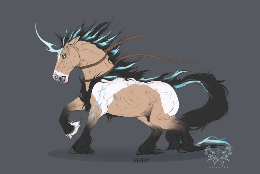 blue_eyes draft_horse ehwasz equid equine feral fetlocks fullbody_shading glowing glowing_eyes glowing_hair glowing_horn glowing_runes hair hi_res horn horse lasso male mammal naudiz neralis nerium rope shire solo thunder_runes tiwaz unicorn