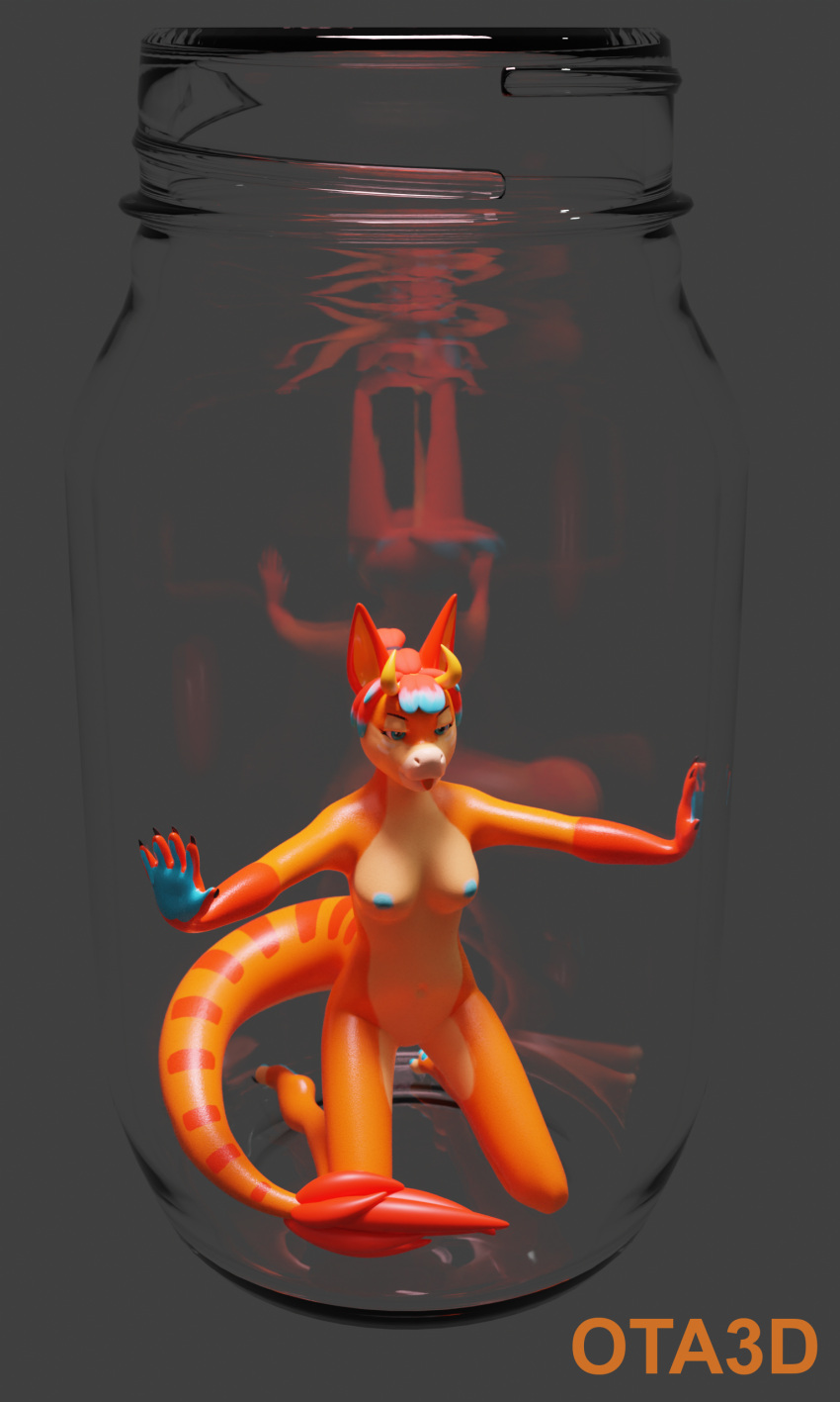 absurd_res anthro canid canine cum_jar dragon female fox hi_res hybrid jar looking_pleasured mammal micro ota3d ota_3d ota_dragonclaw solo stuck