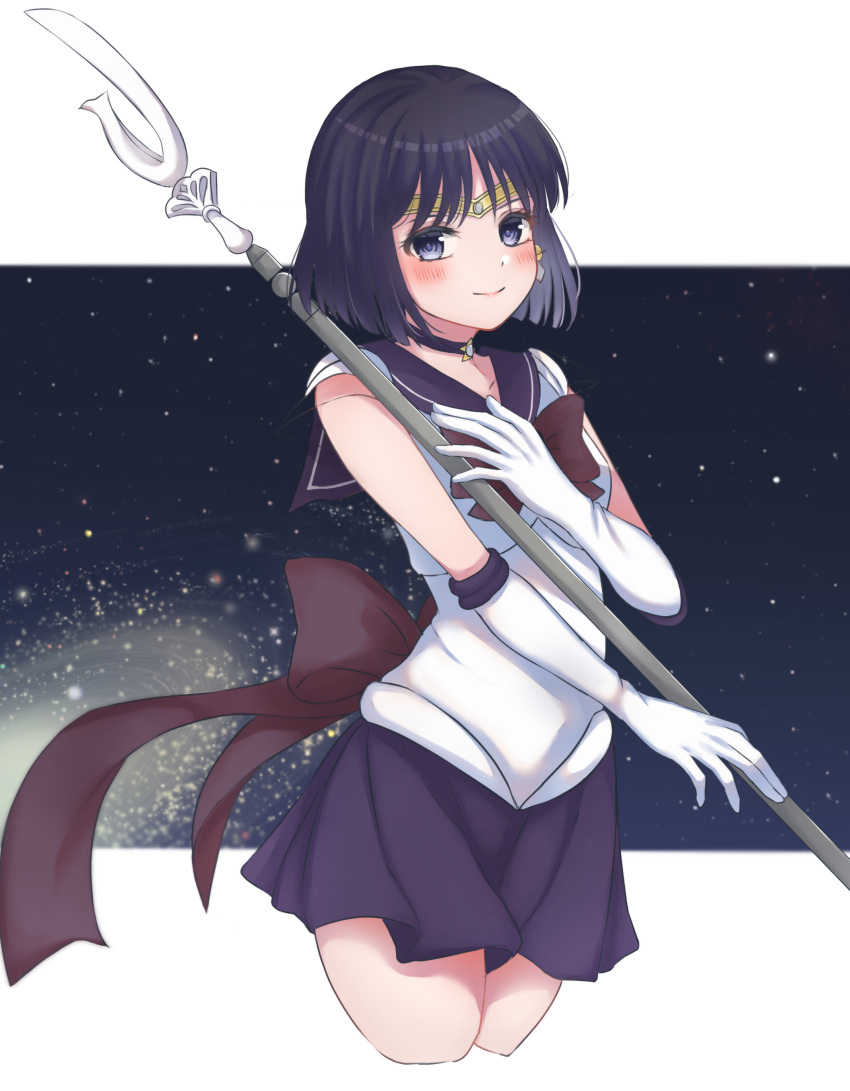 1girl absurdres back_bow bishoujo_senshi_sailor_moon black_hair bob_cut bow choker highres kam_ezmr lips looking_at_viewer outer_senshi purple_eyes purple_sailor_collar sailor_collar sailor_saturn sailor_senshi sailor_senshi_uniform silence_glaive smile solo star_(symbol) star_choker starry_background tiara tomoe_hotaru white_background