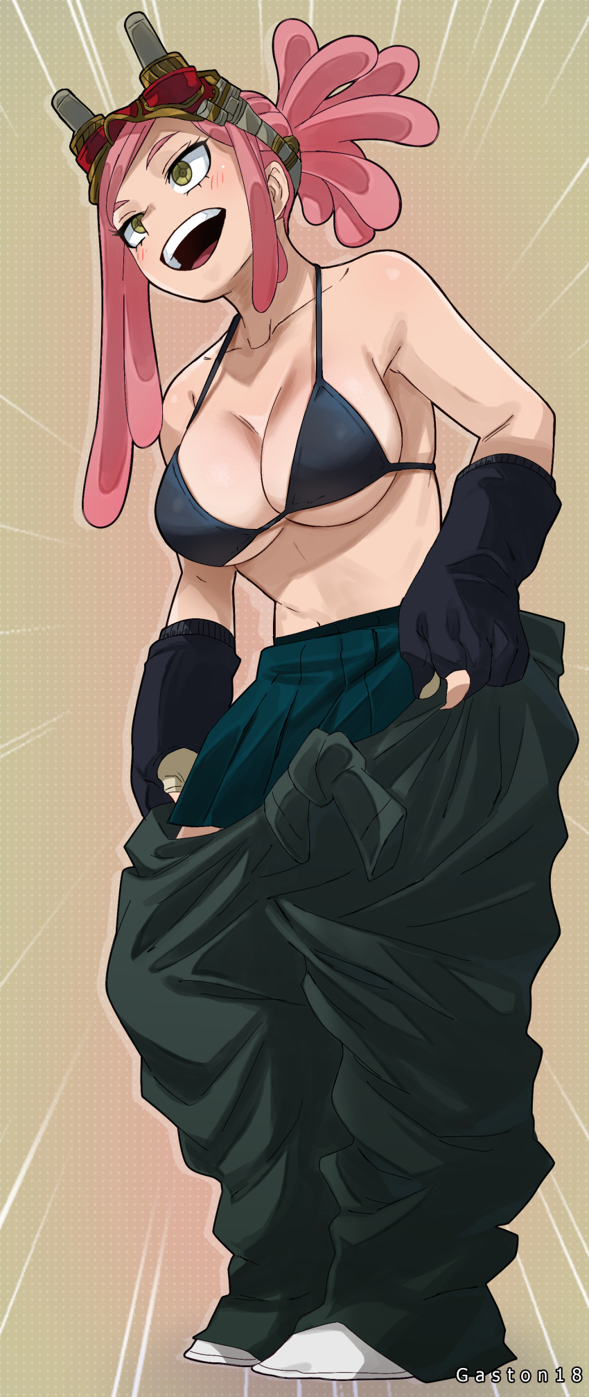 +_+ 1girl :d absurdres bikini bikini_top black_bikini boku_no_hero_academia breasts cleavage crosshair dressing gaston18 gloves goggles goggles_on_head gradient gradient_background green_skirt hatsume_mei highres large_breasts medium_hair open_mouth overalls partially_fingerless_gloves pink_hair pleated_skirt ponytail skirt smile solo standing swimsuit symbol-shaped_pupils teeth upper_teeth yellow_background yellow_eyes