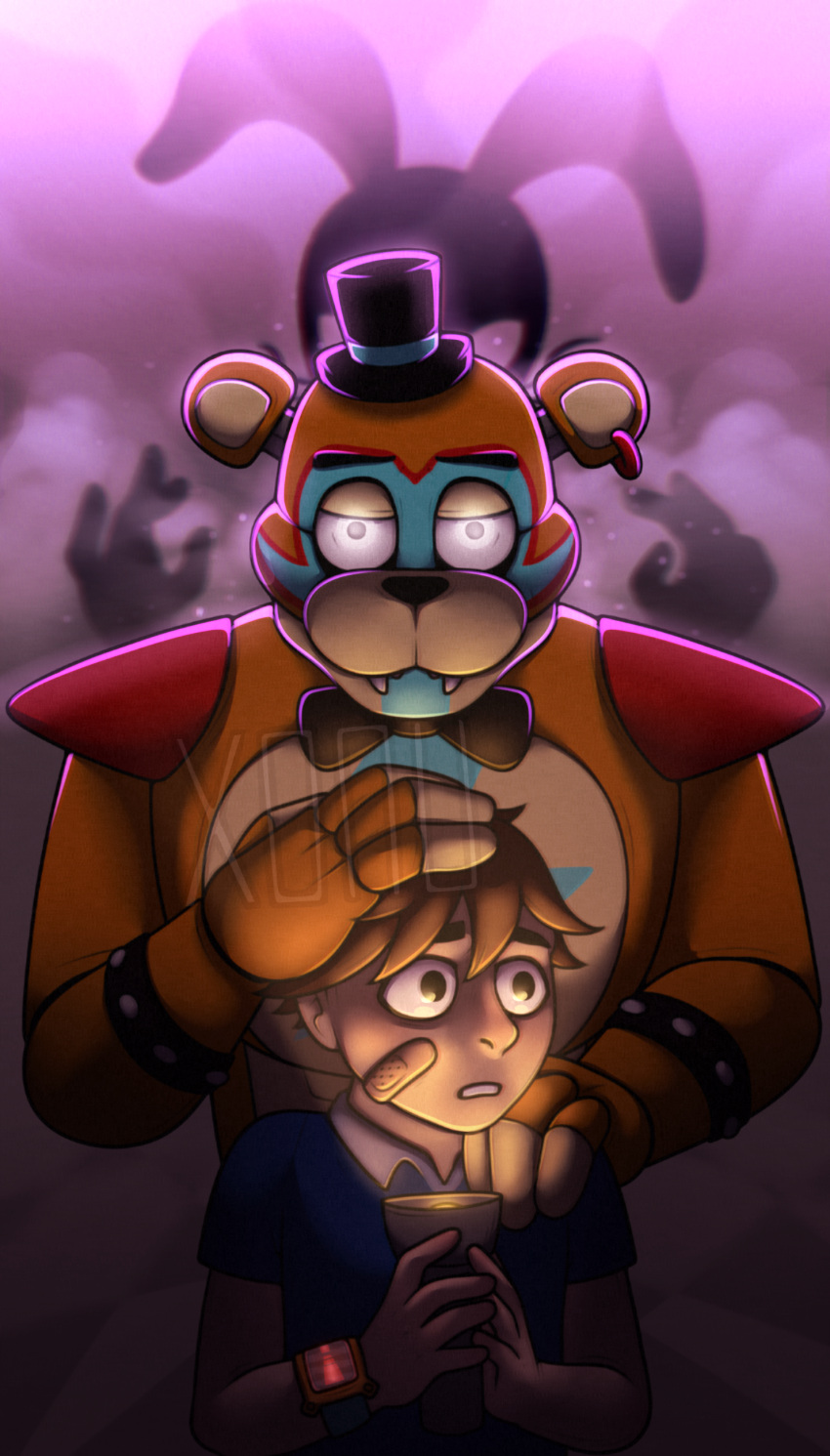 2021 absurd_res age_difference animatronic anthro band-aid bandage black_eyes black_nose bodypaint bow_tie bracelet brown_hair clock clothed clothing ear_piercing ear_ring face_paint fangs female five_nights_at_freddy's five_nights_at_freddy's:_security_breach flashlight frown glamrock_freddy_(fnaf) glowing glowing_eyes gregory_(fnaf) group hair half-closed_eyes hand_on_head hand_on_shoulder hat headgear headwear hi_res holding_flashlight holding_object human jewelry lagomorph leporid long_ears looking_aside looking_at_viewer looking_away machine male mammal multicolored_body multicolored_ears narrowed_eyes orange_body orange_ears piercing portrait purple_background purple_eyes rabbit raised_arm robot rockstar round_ears scottgames sharp_teeth shirt short_hair shoulder_guards silhouette simple_background size_difference smoke spiked_bracelet spikes standing tan_body tan_ears tan_nose tan_skin teeth top_hat topless topless_anthro topless_male topwear ursid vanny_(fnaf) video_games watch white_eyes xonuq young younger_male