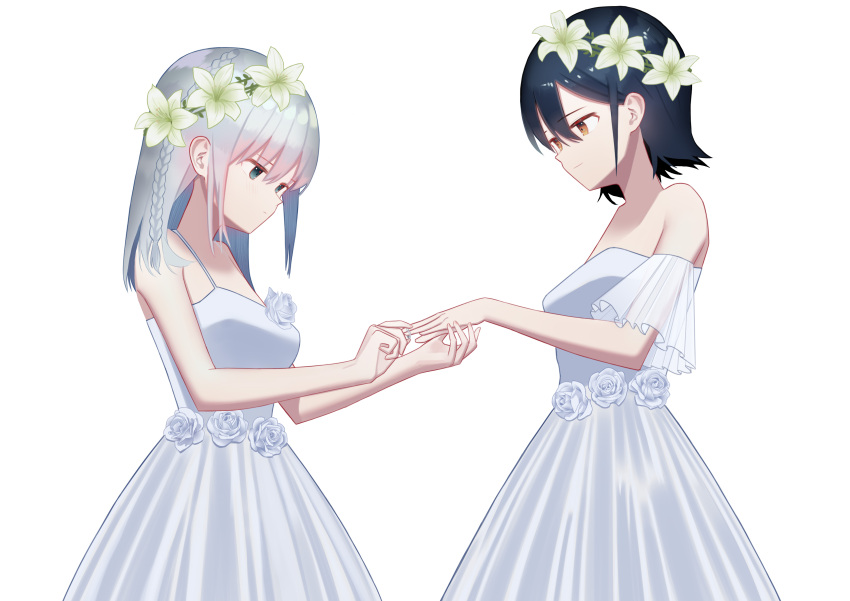 2girls absurdres bare_arms black_hair blue_eyes bride brown_eyes chinese_commentary closed_mouth commentary_request dress flower hair_behind_ear hair_flower hair_ornament highres jewelry light_smile lily_(flower) long_hair multiple_girls original putting_on_jewelry ring short_hair simple_background sleeveless sleeveless_dress strapless strapless_dress syouko_jiaozijun upper_body wedding wedding_band wedding_dress white_background white_dress white_flower white_hair wife_and_wife yuri