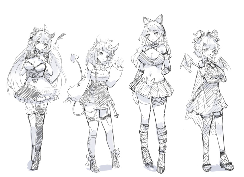 4girls absurdres bangs breasts bsapricot_(vtuber) cat_ear_headphones cleavage crossed_arms demon_girl demon_tail demon_wings english_commentary greyscale hair_behind_ear headphones highres horns ironmouse large_breasts long_hair maid_headdress medium_breasts midriff monochrome multiple_girls multiple_horns navel off-shoulder_sweater off_shoulder orobou pointy_ears short_hair silvervale sketch skirt smile sweater tail thigh_strap vei_(vtuber) virtual_youtuber vshojo waving wings