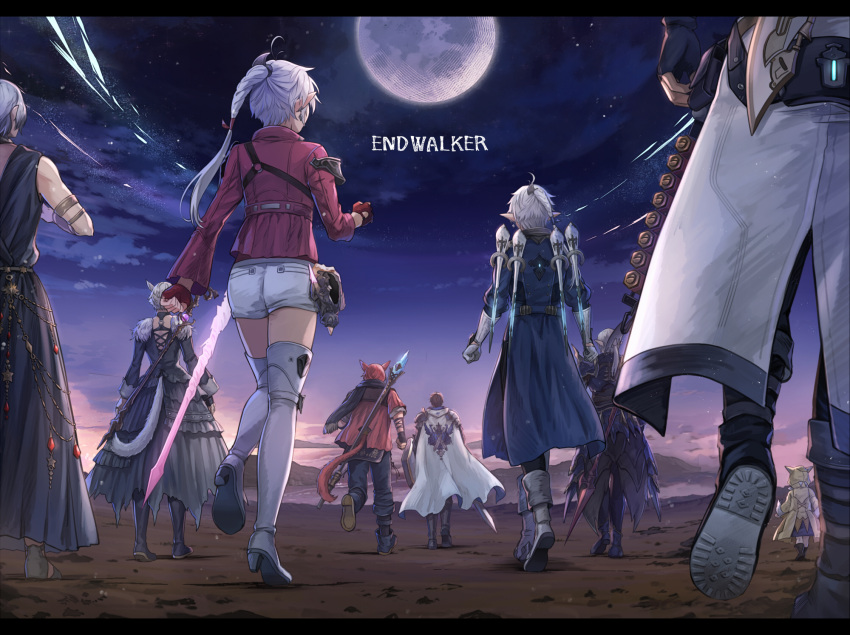 3girls 6+boys adventurer_(ff14) alisaie_leveilleur alphinaud_leveilleur ammunition_belt animal_hood armor babape boots cape cat_hood cat_tail dress elezen elf estinien_varlineau final_fantasy final_fantasy_xiv from_behind g'raha_tia highres hood hyur jacket krile_mayer_baldesion_(ff14) lalafell miqo'te multiple_boys multiple_girls pointy_ears red_hair silver_hair staff sword tail thancred_waters thigh_boots thighhighs urianger_augurelt walking weapon y'shtola_rhul