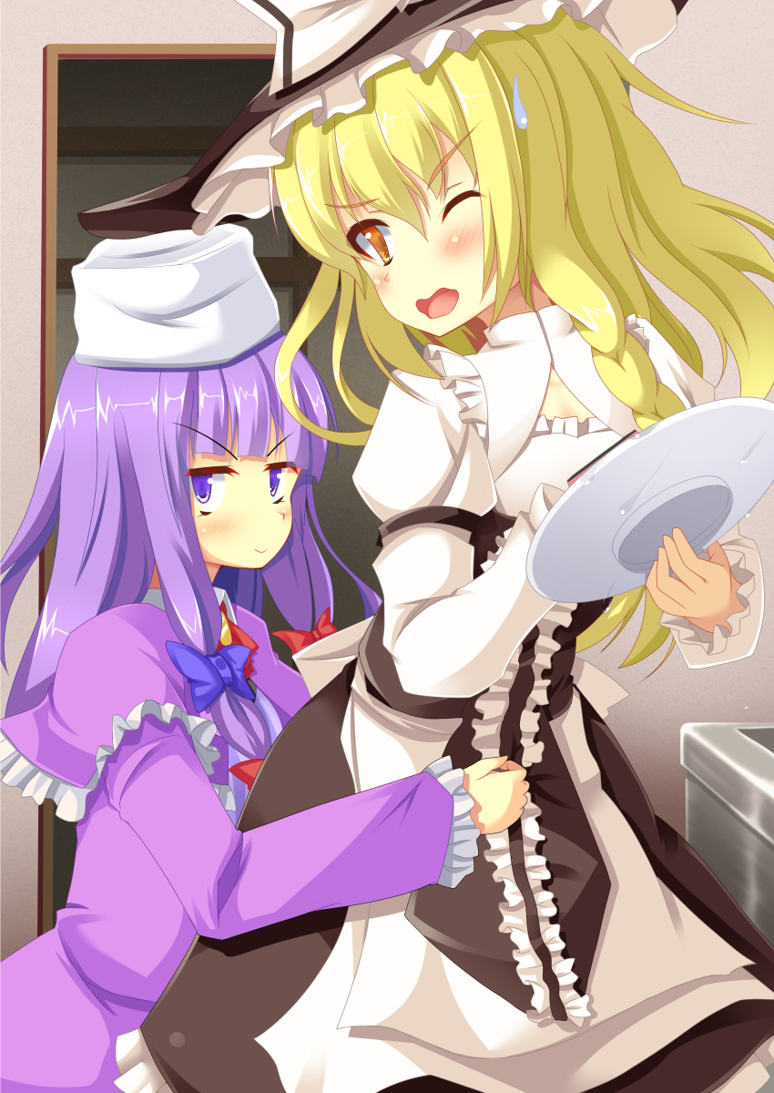 2girls absurdres bangs black_headwear black_skirt blonde_hair blue_bow blunt_bangs blush bow braid brown_eyes center_frills closed_mouth commentary_request cookie_(touhou) dress eyebrows_visible_through_hair feet_out_of_frame frills hat hat_bow highres holding holding_plate juliet_sleeves kirisame_marisa long_hair long_sleeves looking_at_viewer mars_(cookie) multi-tied_hair multiple_girls one_eye_closed open_mouth patchouli_knowledge plate puffy_sleeves purple_dress purple_eyes purple_hair red_bow shirt side_braid single_braid skirt smile sweatdrop szk taisa_(cookie) touhou v-shaped_eyebrows white_bow white_shirt witch_hat