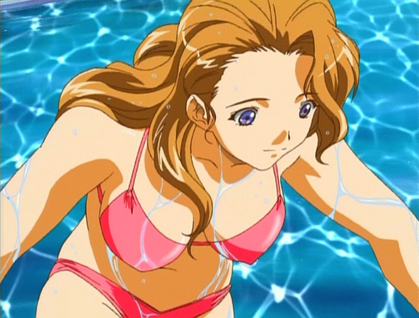 2000s_(style) bikini blue_eyes breasts brown_hair cleavage closed_mouth color_issue covered_nipples cowboy_shot from_above i"s katsura_masakazu leaning_forward light_smile looking_away looking_down looking_to_the_side medium_breasts midriff navel pink_bikini pool screencap swimsuit water wet