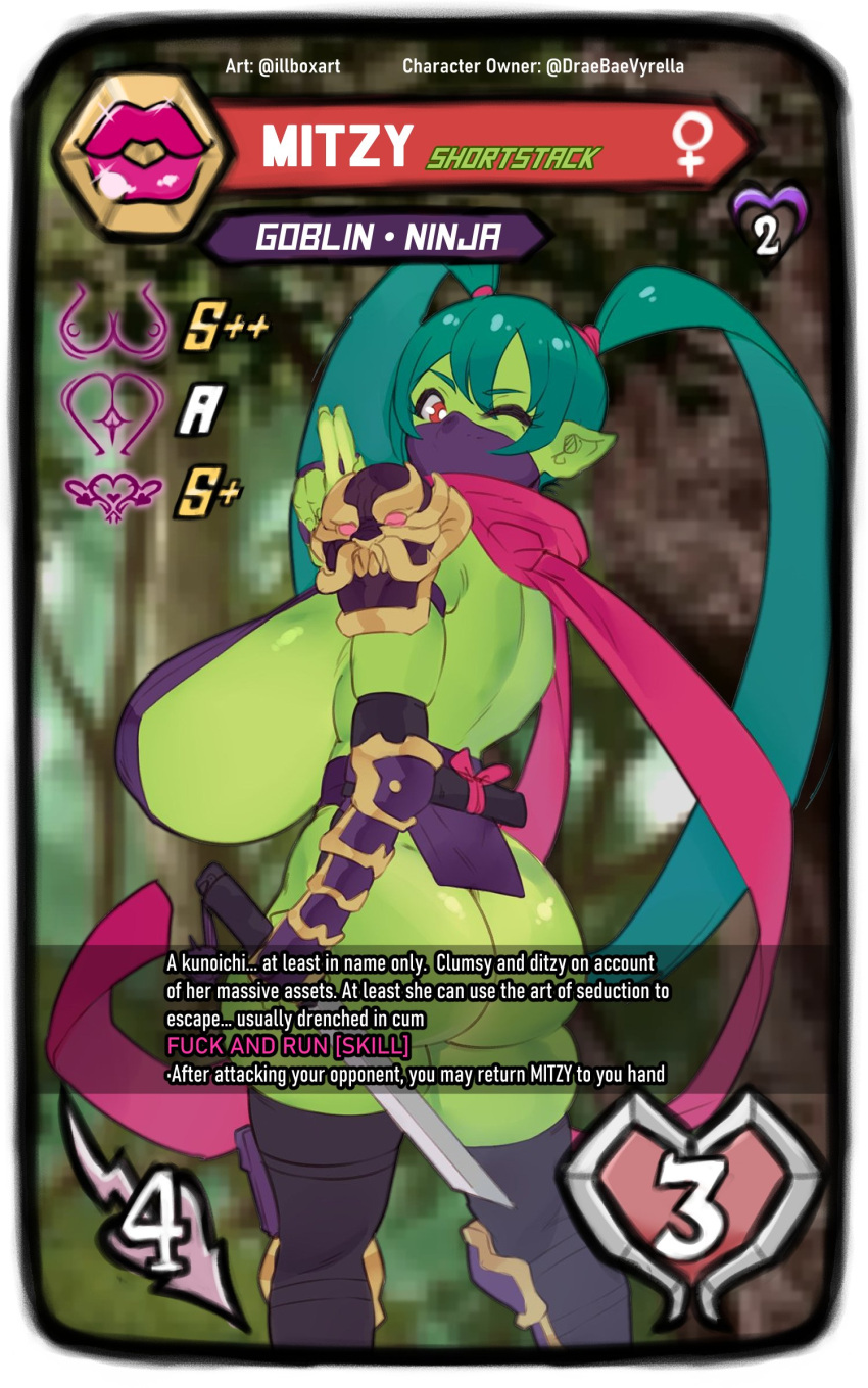 absurd_res big_breasts big_butt breasts butt card card_game clothing female footwear gaming goblin green_body green_hair green_skin hair hi_res huge_breasts humanoid illboxart legwear mask mitzy_the_gobbo ninja one_eye_closed pigtails raiouart red_eyes sandals scarf side_boob solo thick_thighs thigh_highs warrior wink