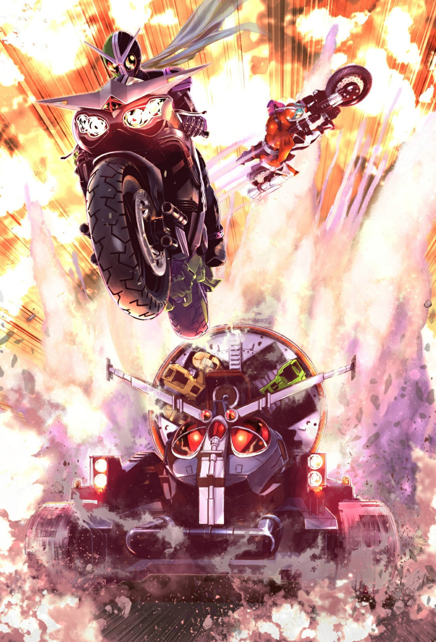 2boys armor black_armor blue_eyes detective drone explosion fuuto_tantei green_armor ground_vehicle highres kamen_rider kamen_rider_accel kamen_rider_double kamen_rider_w masayakofu military military_vehicle motor_vehicle motorcycle multiple_boys official_art red_armor red_eyes tank