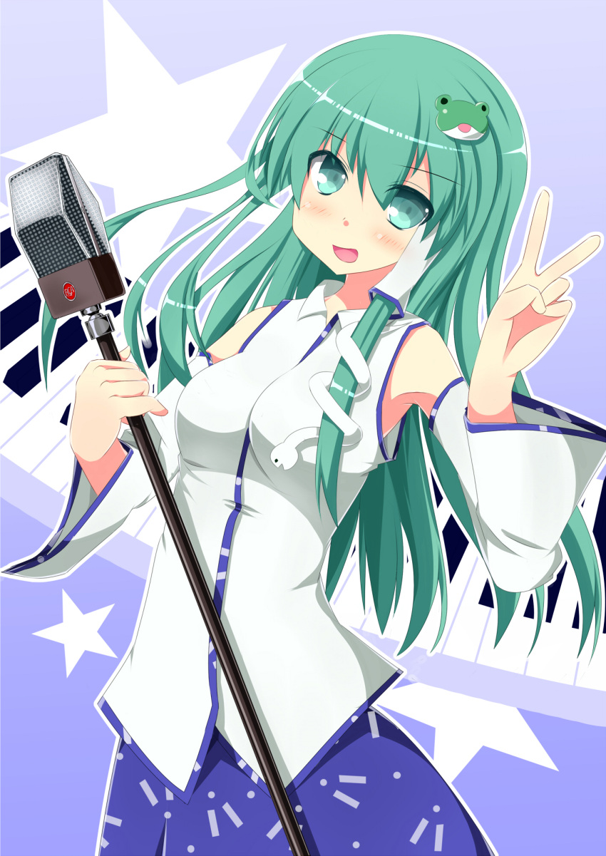 1girl bangs blue_skirt blush breasts collared_shirt commentary_request cookie_(touhou) cowboy_shot detached_sleeves eyebrows_visible_through_hair frog_hair_ornament green_eyes green_hair hair_ornament hair_tubes highres holding holding_microphone_stand kochiya_sanae long_hair looking_at_viewer medium_breasts microphone_stand nontraditional_miko open_mouth paseri_(cookie) shirt skirt sleeveless sleeveless_shirt smile snake_hair_ornament solo star_(symbol) szk touhou v white_shirt