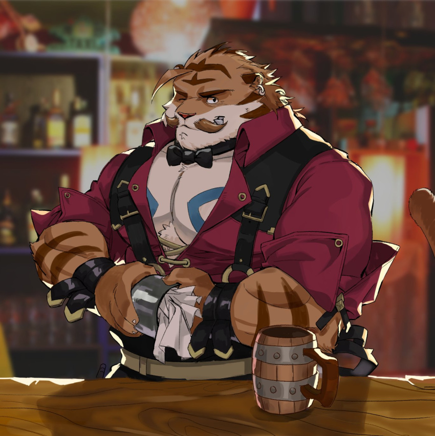 another_eidos_of_dragon_vein_r anthro bartender bow_tie chlghkswns clothed clothing edgar_(anothereidos_r) facial_hair felid hi_res male mammal mug muscular muscular_anthro muscular_male mustache one_eye_closed open_clothing open_shirt open_topwear pantherine pecs shirt solo tiger topwear wink