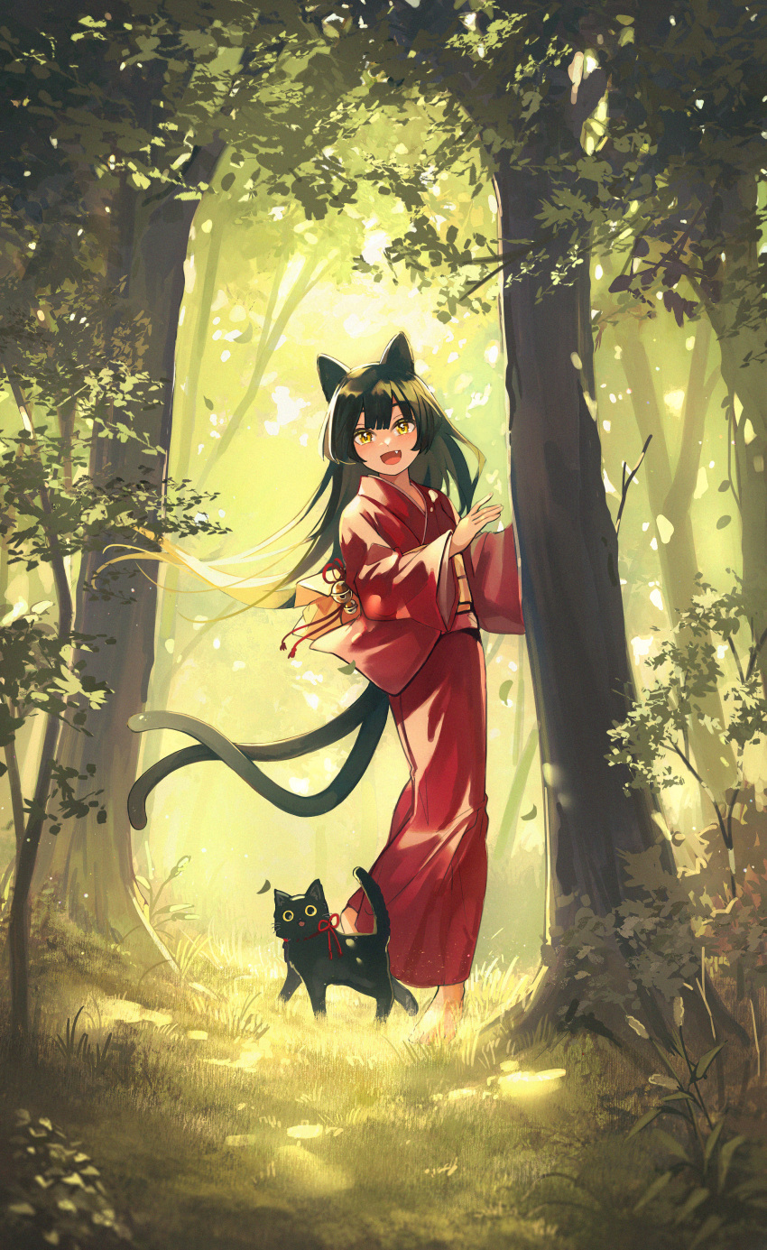 1girl :d absurdres animal animal_ears barefoot bell black_hair cat cat_ears cat_girl cat_tail commentary fang forest highres japanese_clothes jingle_bell kimono long_hair looking_at_viewer multiple_tails nature nekomata open_mouth original outdoors red_kimono smile standing tail toumin_(onemunemu99) two_tails yellow_eyes youkai