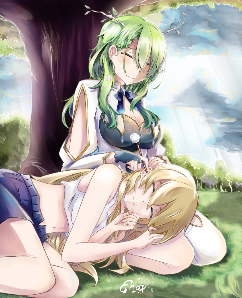 2girls blonde_hair breasts ceres_fauna closed_eyes comfy ear_cleaning enoxarte eyebrows_visible_through_hair fingerless_gloves forest gloves green_hair highres hololive hololive_english long_hair multiple_girls nature original smile