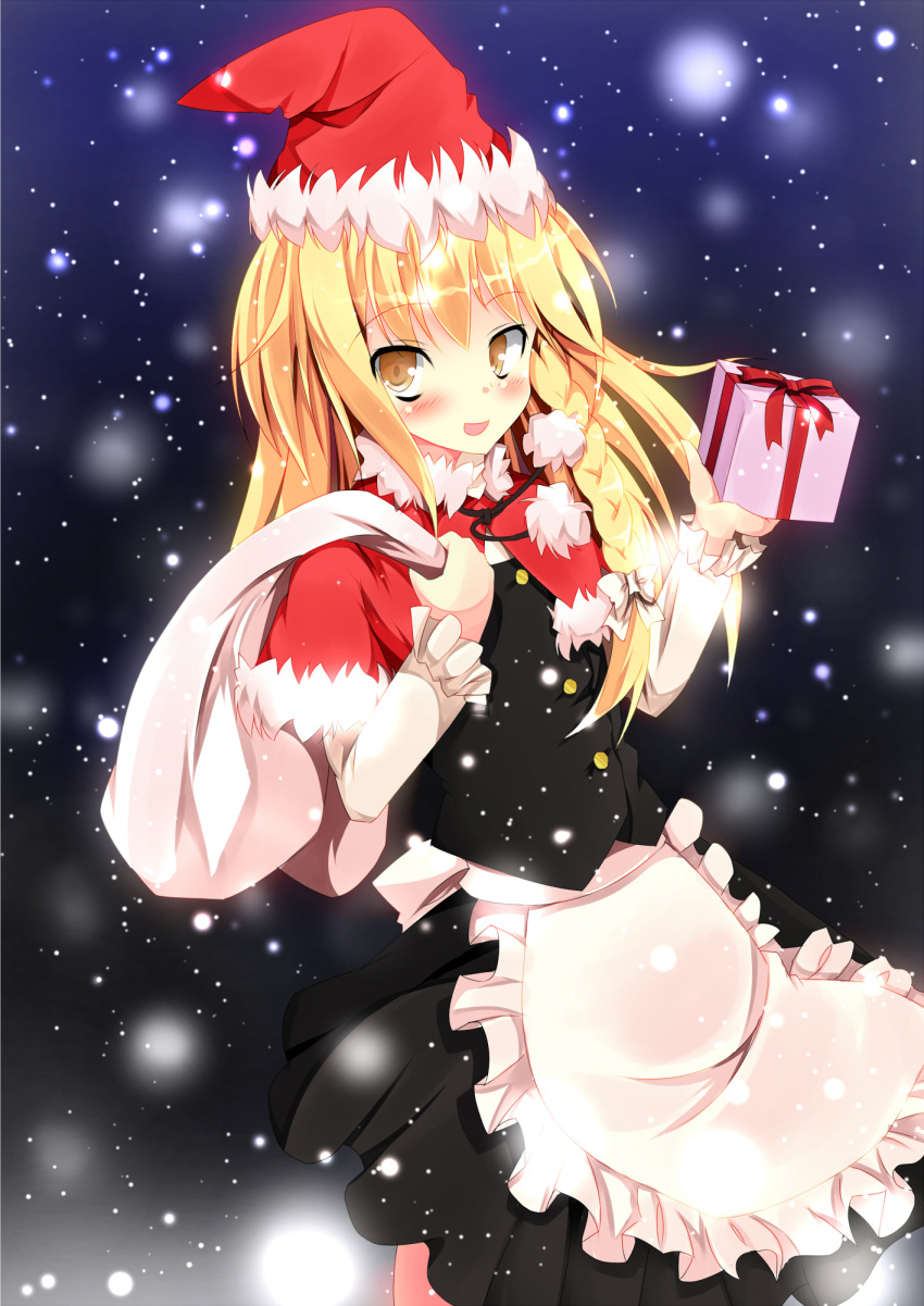 1girl apron bangs black_skirt black_vest blonde_hair blush bow braid brown_eyes buttons commentary_request cookie_(touhou) cowboy_shot eyebrows_visible_through_hair frilled_apron frills gift hair_bow hat highres holding holding_gift holding_sack kirisame_marisa long_hair looking_at_viewer open_mouth sack santa_hat side_braid single_braid skirt smile snow snowing solo szk touhou uzuki_(cookie) vest waist_apron white_apron white_bow