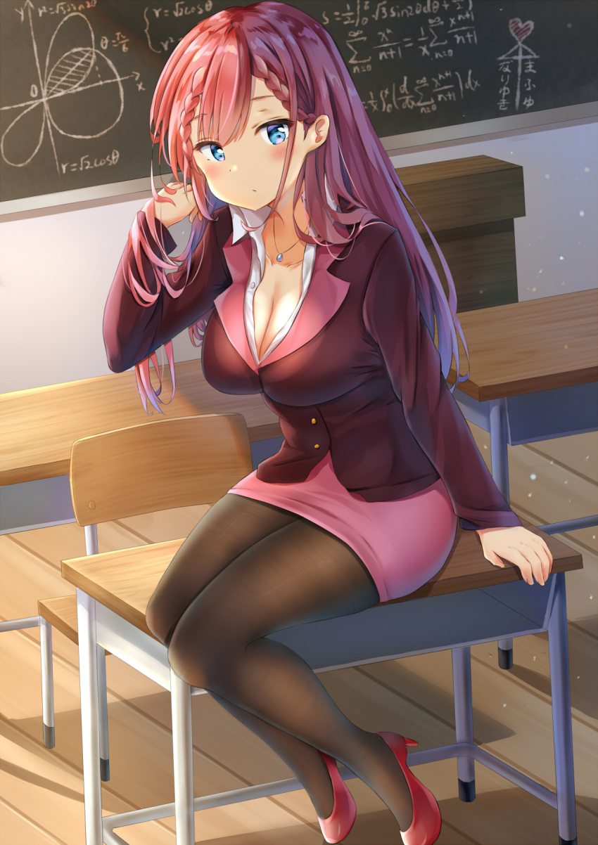 1girl ai_ai_gasa bangs black_legwear blue_eyes blush bokutachi_wa_benkyou_ga_dekinai braid braided_bangs breasts brown_jacket chair chalkboard cleavage closed_mouth collarbone collared_shirt commentary_request desk dress_shirt eyebrows_visible_through_hair formal hand_up high_heels highres ikarosu indoors jacket jewelry kirisu_mafuyu long_hair long_sleeves looking_at_viewer medium_breasts on_desk pantyhose pencil_skirt pendant pink_hair pink_skirt red_footwear school_chair school_desk shirt shoes sitting sitting_on_desk skirt skirt_suit solo suit very_long_hair white_shirt