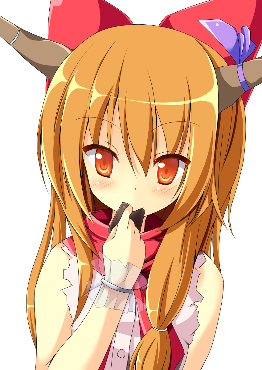 1girl absurdres bangs blush bow chocolate closed_mouth commentary_request cookie_(touhou) cuffs eating eyebrows_visible_through_hair hair_between_eyes hair_bow highres horns ibuki_suika long_hair looking_at_viewer orange_eyes orange_hair red_bow red_scarf scarf shirt simple_background sleeveless sleeveless_shirt solo szk touhou upper_body white_background white_shirt yamin_(cookie)