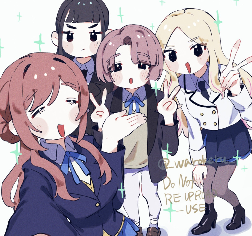 4girls ^_^ amaya_tsubame arimura_mao black_hair black_jacket blazer blonde_hair blue_jacket blue_overskirt blue_skirt blush brown_hair closed_eyes commentary double_v gakuen_idolmaster hatsuboshi_gakuen_school_uniform highres himesaki_rinami idolmaster jacket juo_sena mole mole_under_eye multiple_girls pink_hair school_uniform selfie simple_background skirt smile sparkle twitter_username v warokeru watermark white_background white_jacket