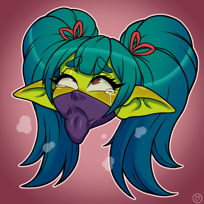 ahegao bodily_fluids female goblin green_body green_hair green_skin hair hi_res humanoid icon looking_pleasured mask mitzy_the_gobbo raiouart red_eyes tears tongue tongue_out