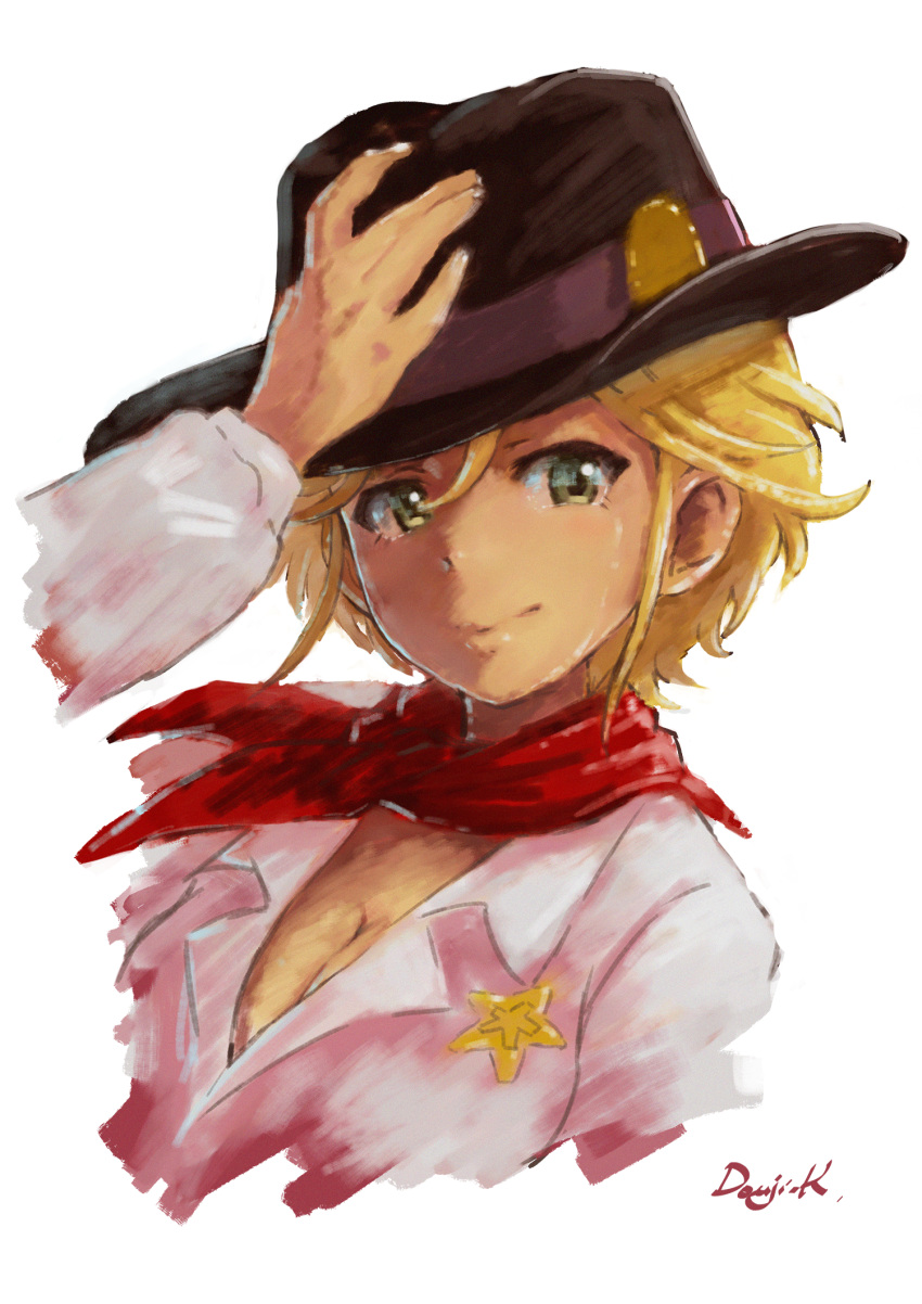 1girl adjusting_clothes adjusting_headwear artist_name bangs black_headwear blonde_hair breasts cleavage closed_mouth collared_shirt commentary cowboy_hat cropped_torso girls_und_panzer green_eyes hat highres jane_(girls_und_panzer) kuroneko_douji long_sleeves looking_at_viewer medium_breasts portrait red_bandana shirt short_hair signature simple_background smile solo star_(symbol) white_background white_shirt